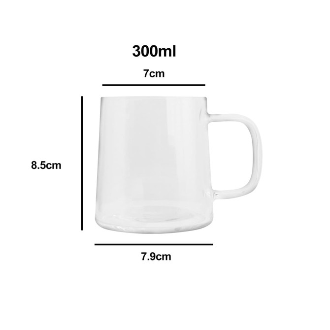 A clear glass mug with a handle, measuring 300ml, 7cm in diameter, and 8.5cm tall. Features a logo.