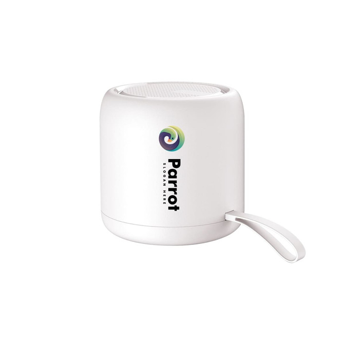 A portable waterproof Bluetooth speaker in white, featuring a logo and a convenient handle for easy carrying.