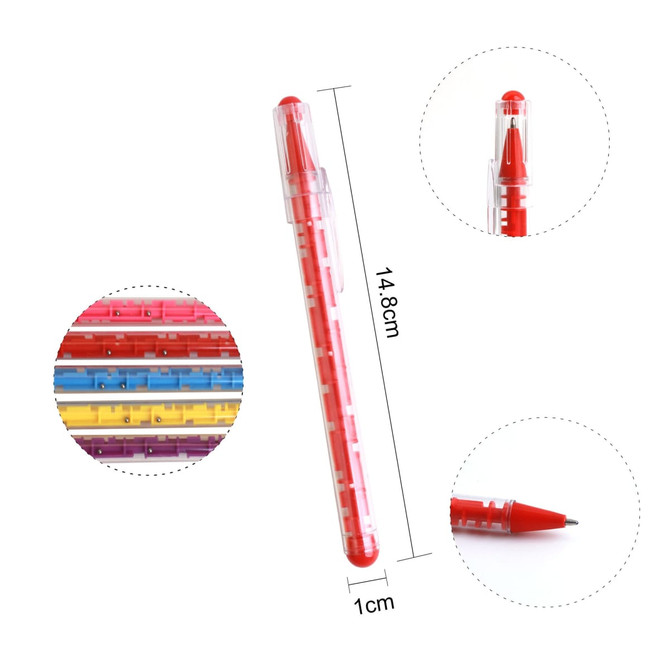 A red pen with a transparent casing featuring a puzzle maze design, displayed alongside various colourful options.