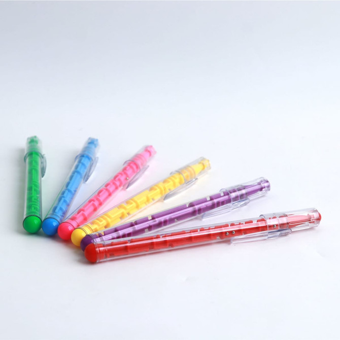 A collection of six puzzle maze pens in green, pink, yellow, purple, blue, and red, featuring transparent barrels.