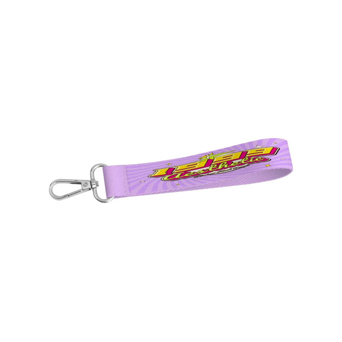 A purple sublimation keyring with a metal clasp and a colourful design. It features a logo.