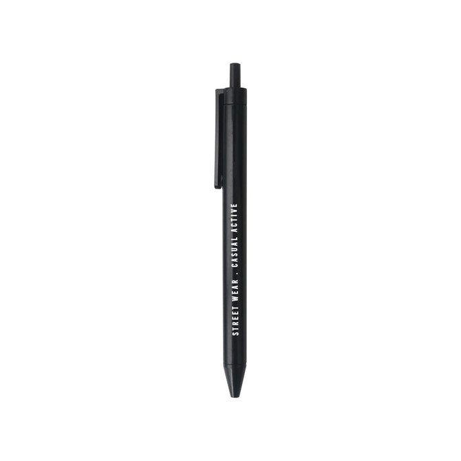 A black ballpoint pen with a clip and a logo, featuring a sleek design suitable for promotional use.