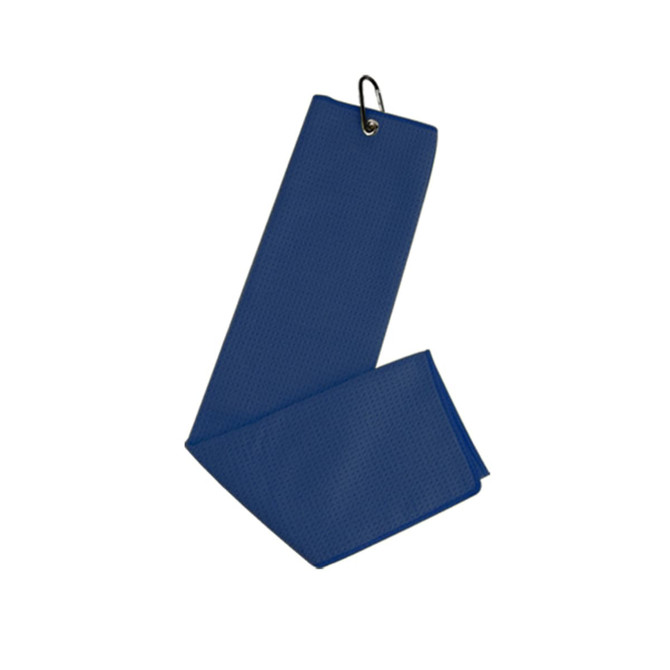 A blue waffle golf towel with a clip for attachment. It has a textured surface and is folded.