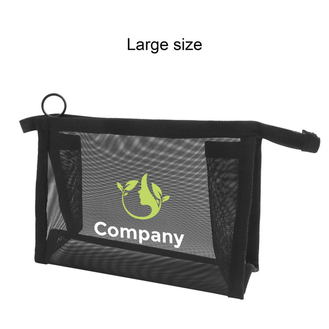 A large triangular cosmetic bag in black mesh featuring one logo on the front. The bag has multiple compartments.