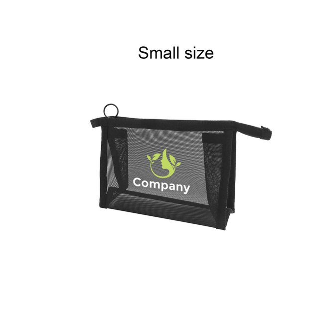 A triangular cosmetic bag in black mesh with a logo, featuring a zippered closure and a handle for easy carrying.