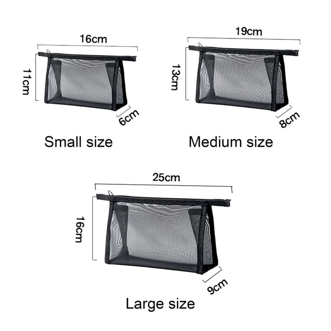 A triangular nylon mesh cosmetic bag in black, available in small, medium, and large sizes. Featuring a zipper top and a logo.