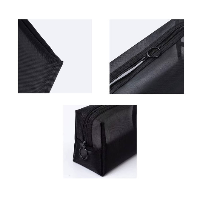 A black nylon mesh cosmetic bag featuring a zipper and multiple angles highlighting its structure.