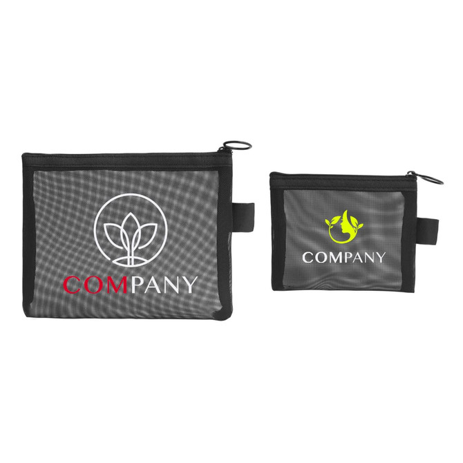 A nylon mesh flat cosmetic bag in grey with a black zipper and two sizes, featuring logos on the front.