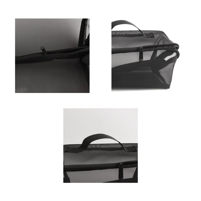 A large capacity black nylon mesh cosmetic bag with a zipper and carrying handle, featuring a transparent design.