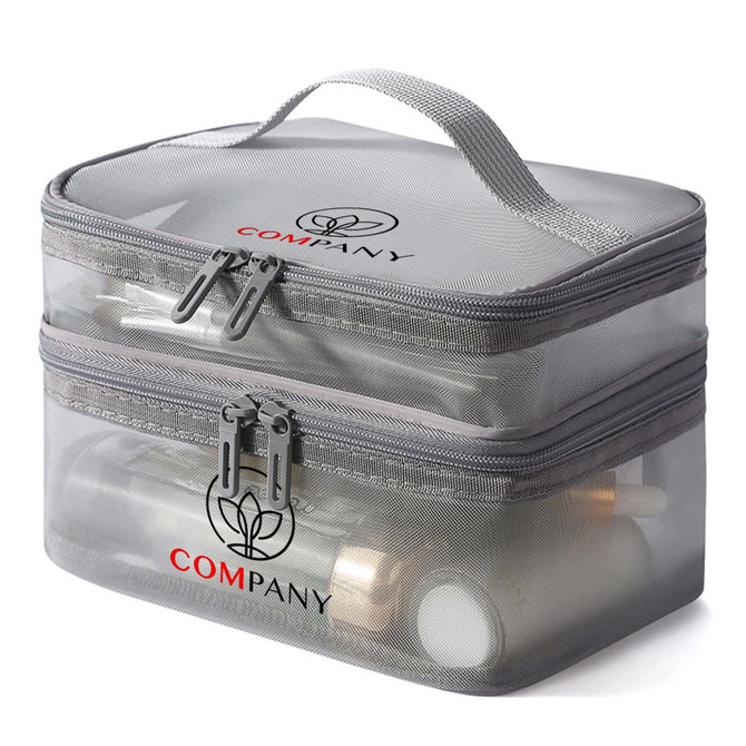 A grey nylon mesh sheer double layer cosmetic bag with a handle and zipped compartments, featuring various bottles inside.