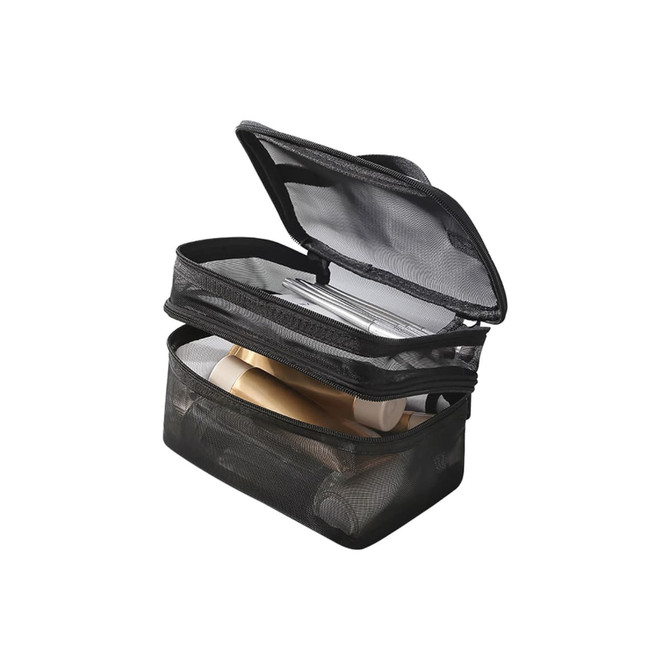 A black nylon mesh sheer cosmetic bag with double layers, featuring two zippered compartments and various cosmetic items inside.
