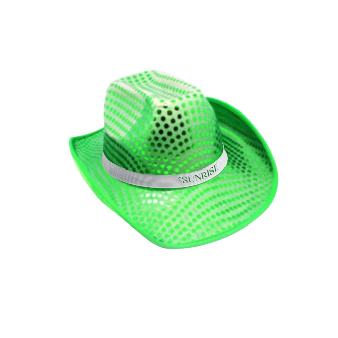 A bright green sequin cowboy hat with a white band, featuring a logo on the band.
