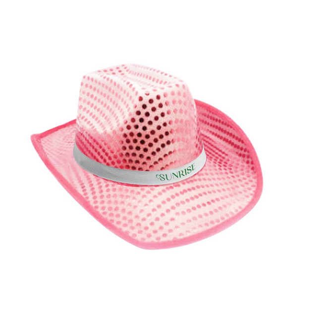 A pink sequin cowboy hat featuring a silver band with a logo. The hat has a distinctive dotted pattern.