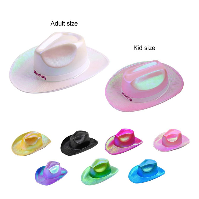 Iridescent cowboy hats in various colours, including white, pink, black, and green, available in adult and kid sizes with a logo.