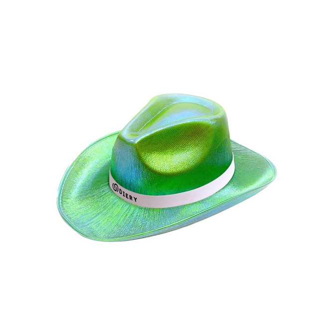 An iridescent cowboy hat in green, featuring a white band and a logo on the side.