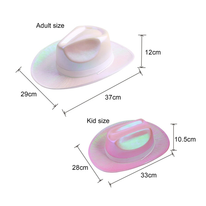 Iridescent cowboy hats in adult and kid sizes, featuring a shiny, reflective design with pink and white tones.