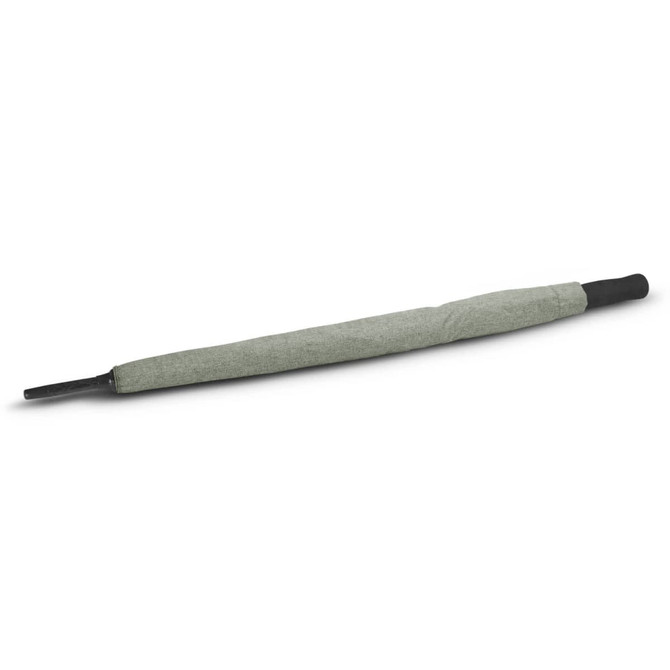 A green umbrella with a textured fabric handle and a black grip, featuring branding on the handle.