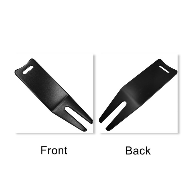A black golf divot tool displayed with images of the front and back. The tool has a simple, flat design.