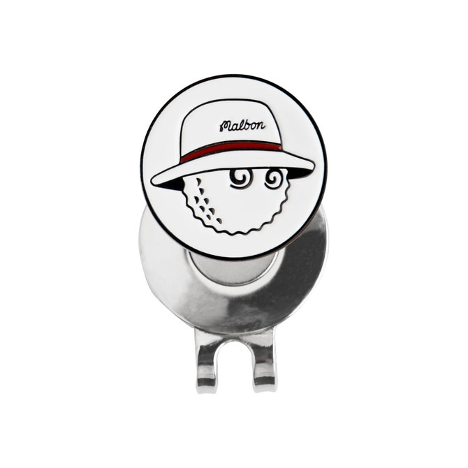 A 25mm golf ball marker featuring a whimsical hat-wearing character design with a silver clip base.
