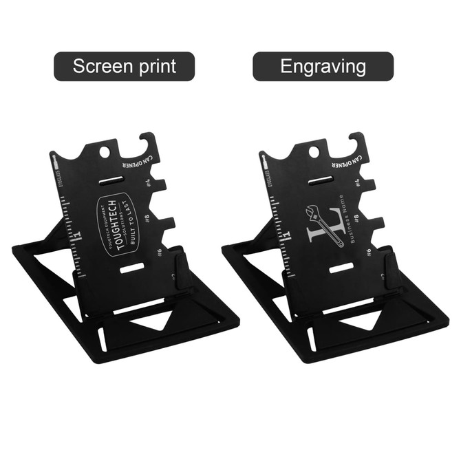 A multi-function phone stand in black, featuring slots for screen printing and engraving on both sides.