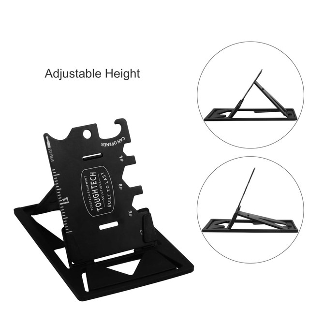 A black multi-function phone stand with adjustable height features, displaying a graphic design.
