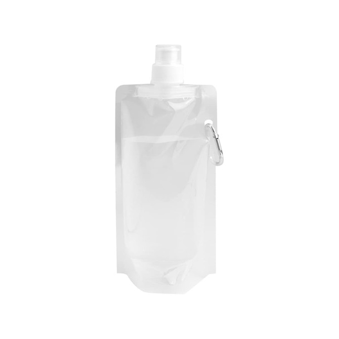 A drink bottle in clear, collapsible pouch shape with a screw top and a carabiner clip.