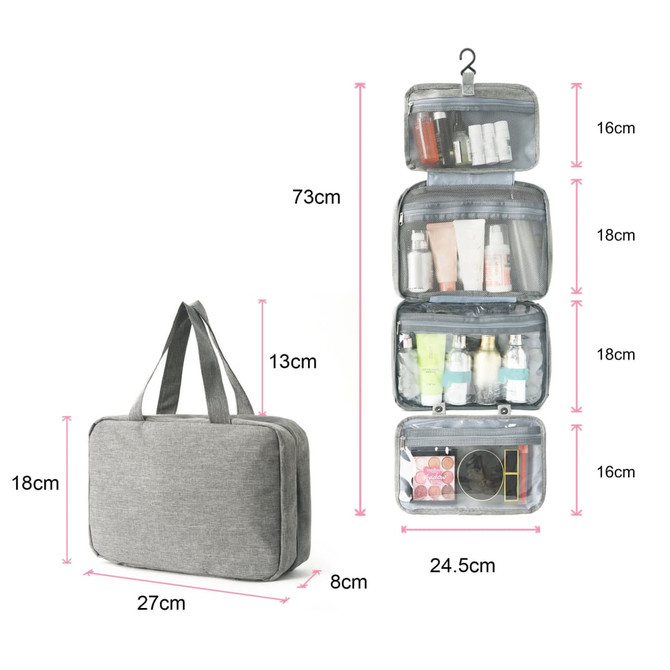 A grey large capacity hanging toiletry bag with multiple transparent compartments for toiletries and a hook for hanging.