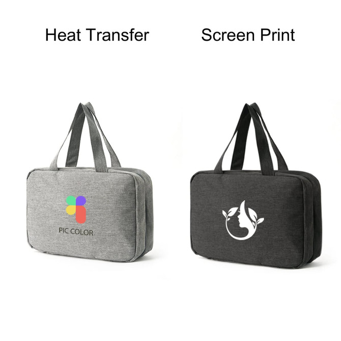 A grey and black large capacity hanging toiletry bag with two different designs and a logo on the front.