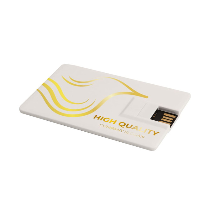 A white credit card-type flash drive with a gold design and a USB connector. It features a logo.