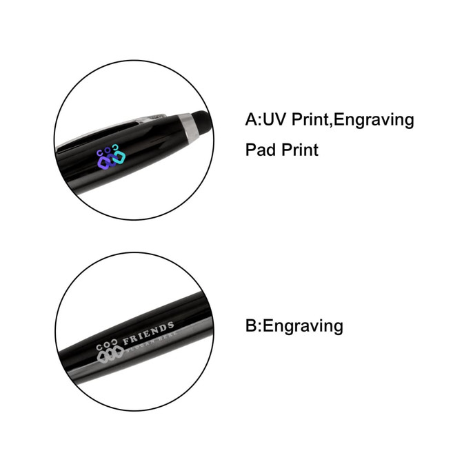 A black metal pen with a logo, featuring options for UV printing and engraving.