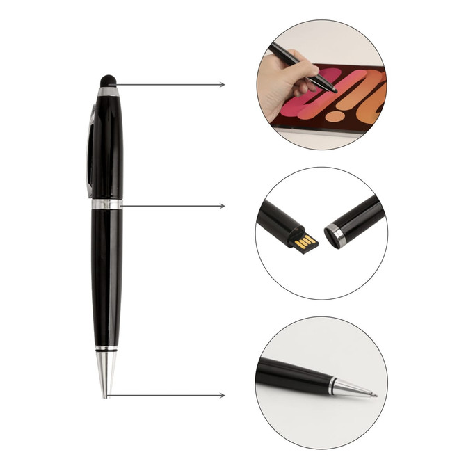 A black metal pen features a stylus tip, USB flash drive, and ballpoint pen tip, with silver accents and a logo.