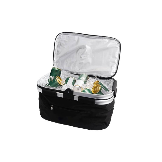 A black picnic cooler basket filled with cans and ice, featuring an aluminium frame and a pocket on the front.