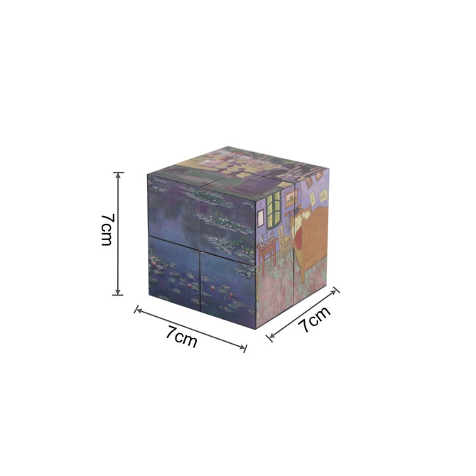 A 3D puzzle cube featuring colourful artwork on all sides, measuring 7cm x 7cm x 7cm. Includes a logo.