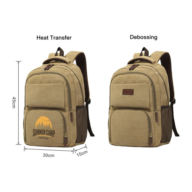 A tan canvas laptop backpack with brown accents, featuring pockets and a logo in one view.