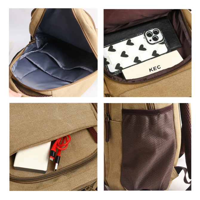 A tan canvas laptop backpack featuring multiple compartments, including a padded interior and a pocket for accessories.