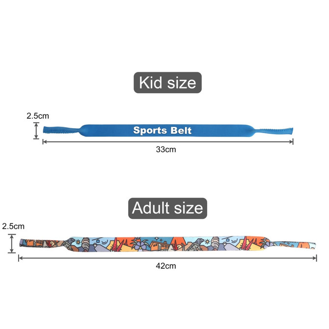 A blue sports belt for kids and a patterned sports belt for adults, both displayed with their sizes.