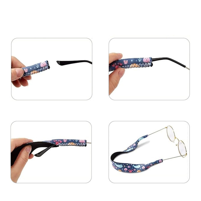 A glasses retainer in blue with playful designs, featuring a hand inserting glasses into the retainer.