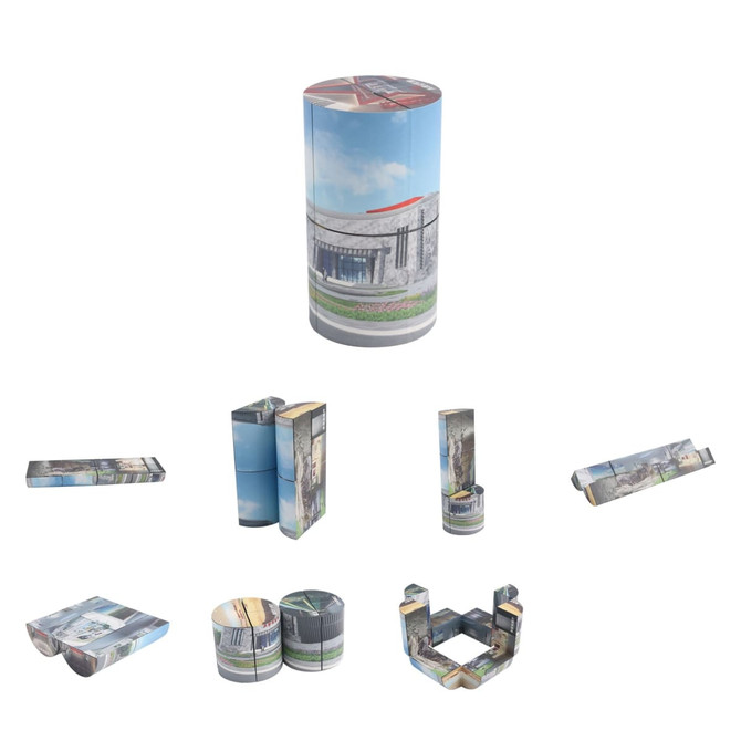 A 3D Flips Cylinder Magic Cube in various stages, featuring blue and green designs with scenic imagery. It has a logo.