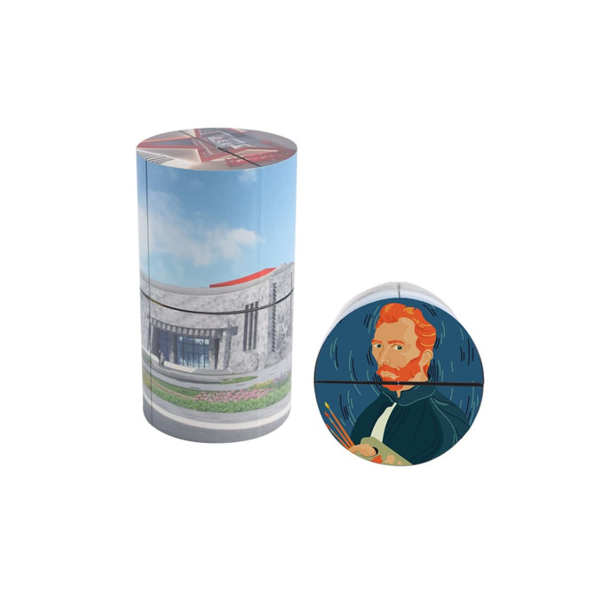 A 3D Flips Cylinder Magic Cube featuring vibrant designs, including a building and an artistic portrait. It has a logo.
