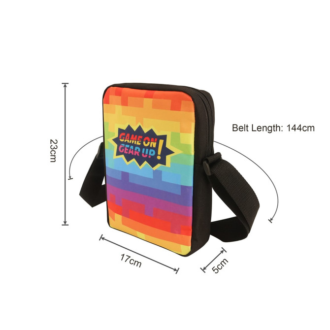 A colourful sublimation cross body bag in rainbow hues with a black strap and an adjustable belt length.