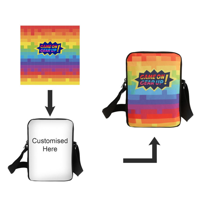 A colourful sublimation cross body bag with a bold design and adjustable strap, featuring a logo on one side.