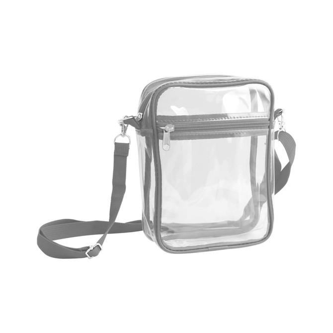 A clear crossbody tote bag with a zipper closure, featuring a grey trim and an adjustable strap.