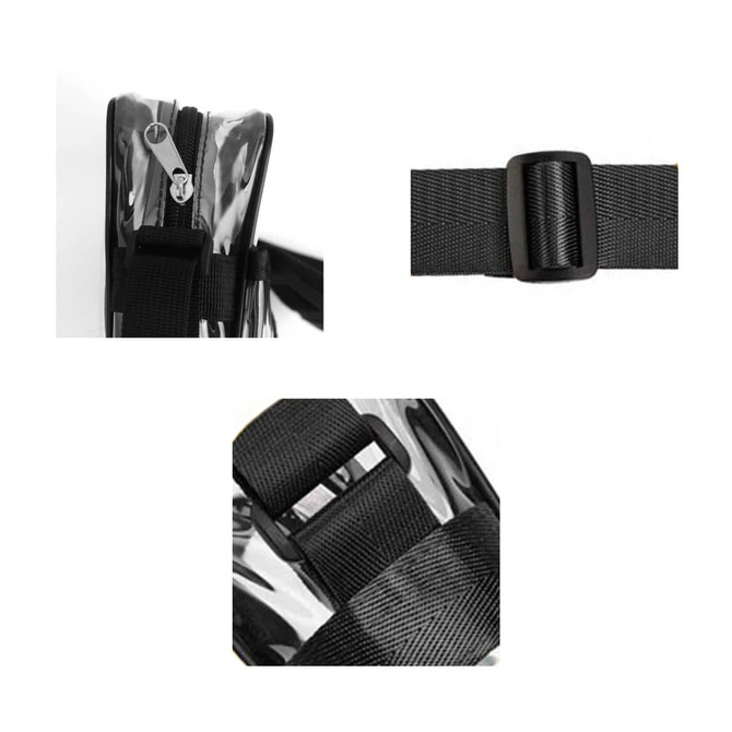 A clear shoulder crossbody bag featuring a zipper closure and adjustable black straps. The material is glossy and transparent.