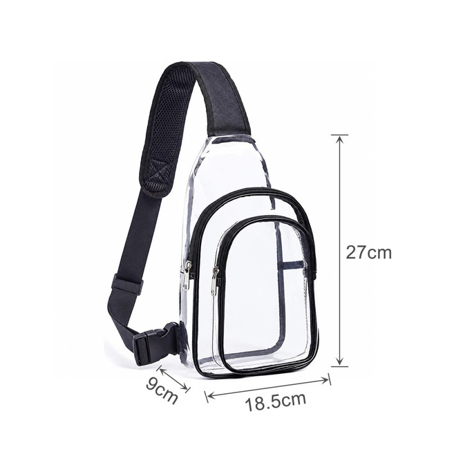 A clear PVC crossbody backpack with a black trim, featuring one zippered front pocket and adjustable straps.
