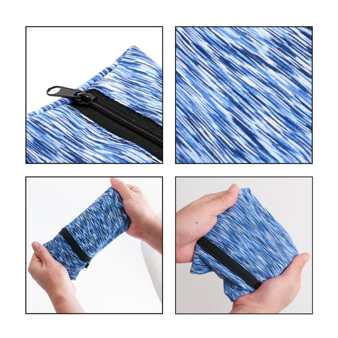 A mini wearable wallet in a blue patterned fabric, featuring a zip closure and easy to fold design.