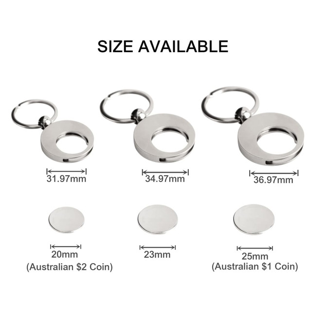 A round silver trolley coin keyring, featuring multiple sizes for Australian coins, attached to a keyring.