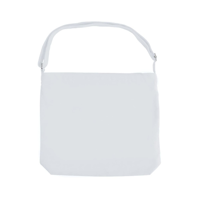 A white canvas tote bag with a long strap and a simple design. It features a logo on one side.