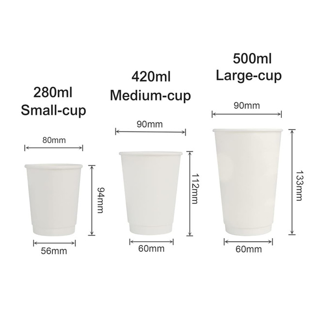 Three sizes of white compostable paper cups: small (280ml), medium (420ml), and large (500ml), with measurements displayed.