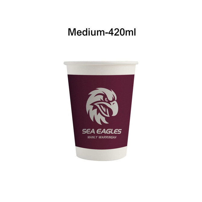 A maroon paper cup with a white interior and a logo featuring an eagle design.