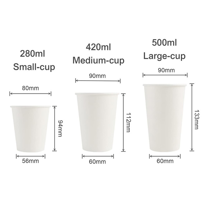 Three sizes of white PLA single wall compostable paper cups displayed, alongside their respective measurements.